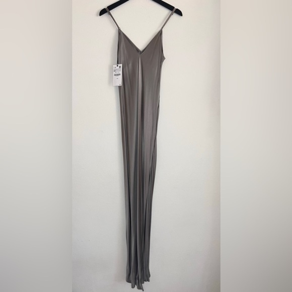 Zara Ruched Slip Dress Midi Satin Feel Size XS Grey Cocktail Party - Picture 3 of 10